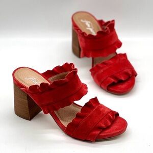 FREE PEOPLE Rosie Ruffle Heel Womens 37 Red Suede Block heeled Sandal Slip On